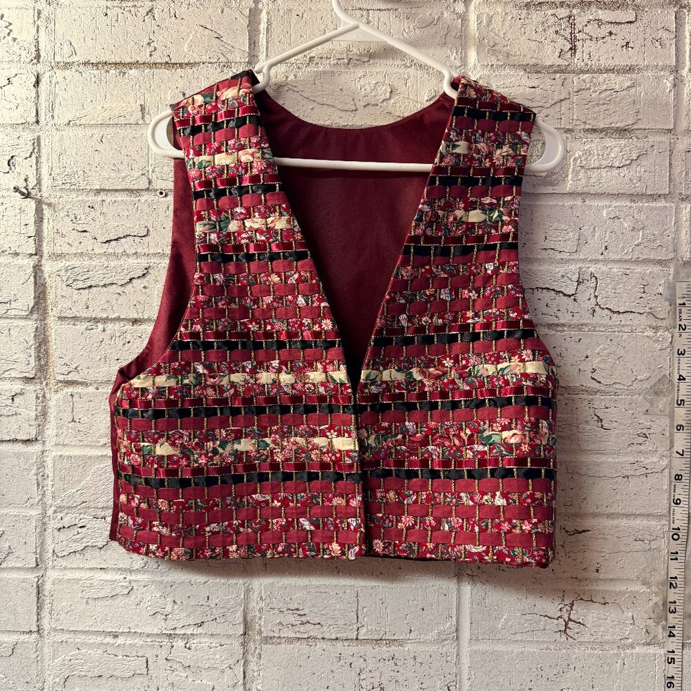 Handmade Vintage Woven Ribbon & Floral Brocade Vest – Multicolor